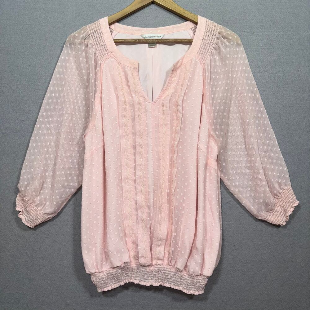 Christopher & Banks Pink Blouse L Sheer Dot Sleeve VNeck Romantic Soft Feminine